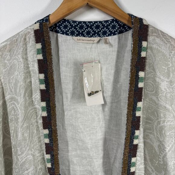 Soft Surroundings Kimono Women OS Still Water Linen Top Beaded Trim Tassel Blue - Picture 5 of 8